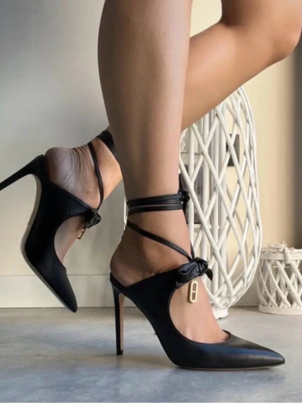 NWT - Dee Ocleppo Black Leather Pointed-Toe Wrap Ankle Stiletto Heels - Size 36